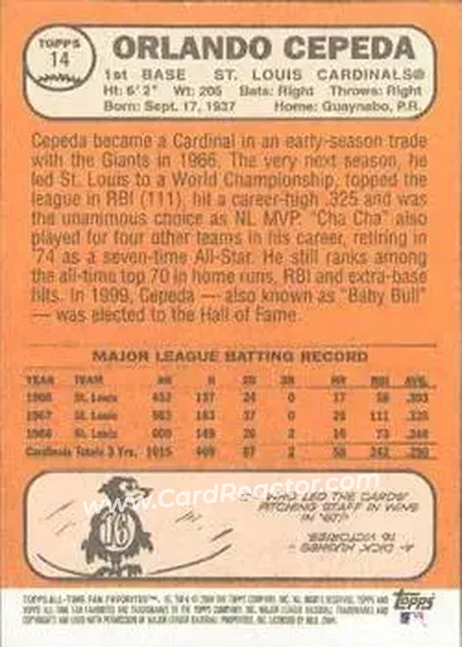 2004 Topps All-Time Fan Favorites #14 - Orlando Cepeda - St. Louis Cardinals - Back