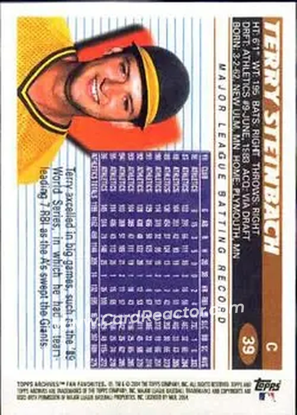 2004 Topps All-Time Fan Favorites #39 - Terry Steinbach - Oakland Athletics - Back