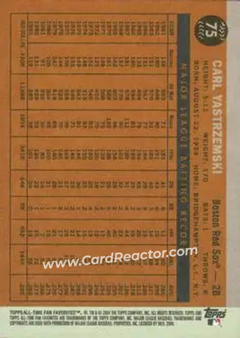 2004 Topps All-Time Fan Favorites #75 - Carl Yastrzemski - Boston Red Sox - Back
