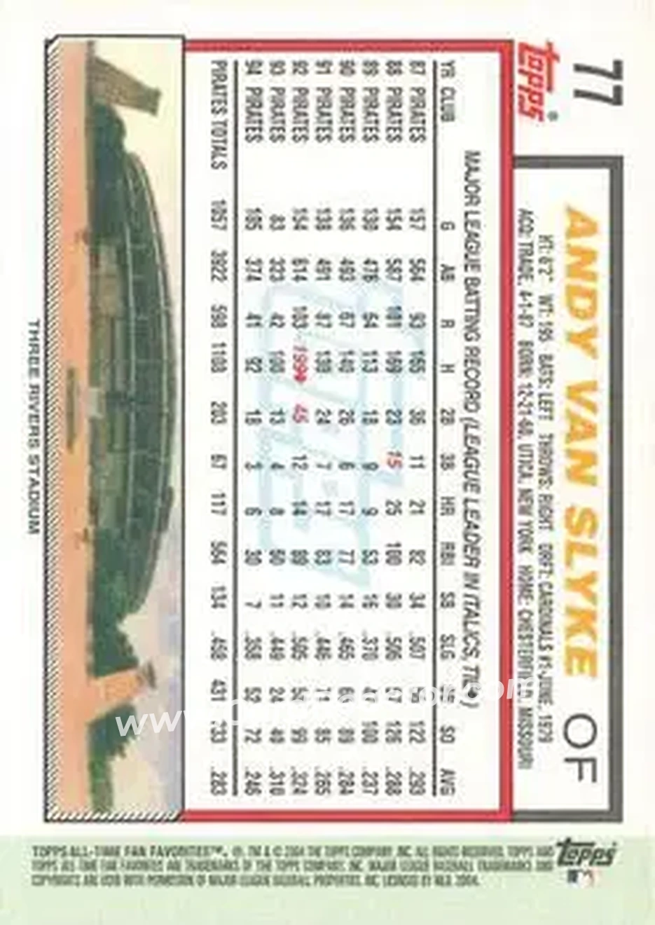 2004 Topps All-Time Fan Favorites #77 - Andy Van Slyke - Pittsburgh Pirates - Back