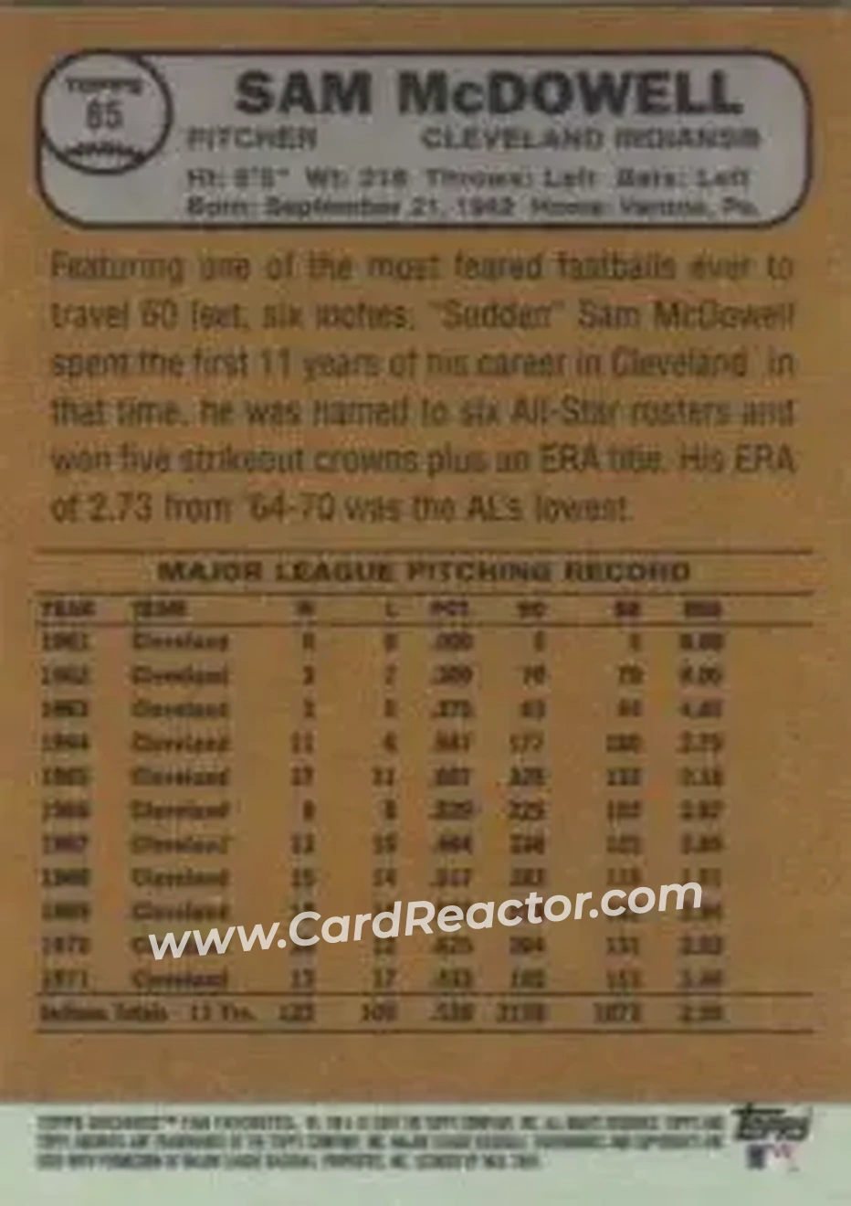 2004 Topps All-Time Fan Favorites #85 - Sam McDowell - Cleveland Indians - Back