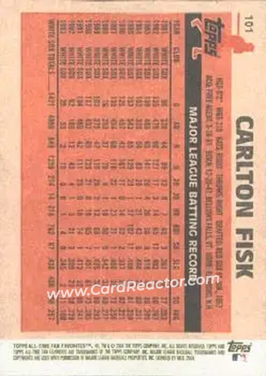 2004 Topps All-Time Fan Favorites #101 - Carlton Fisk - Chicago White Sox - Back