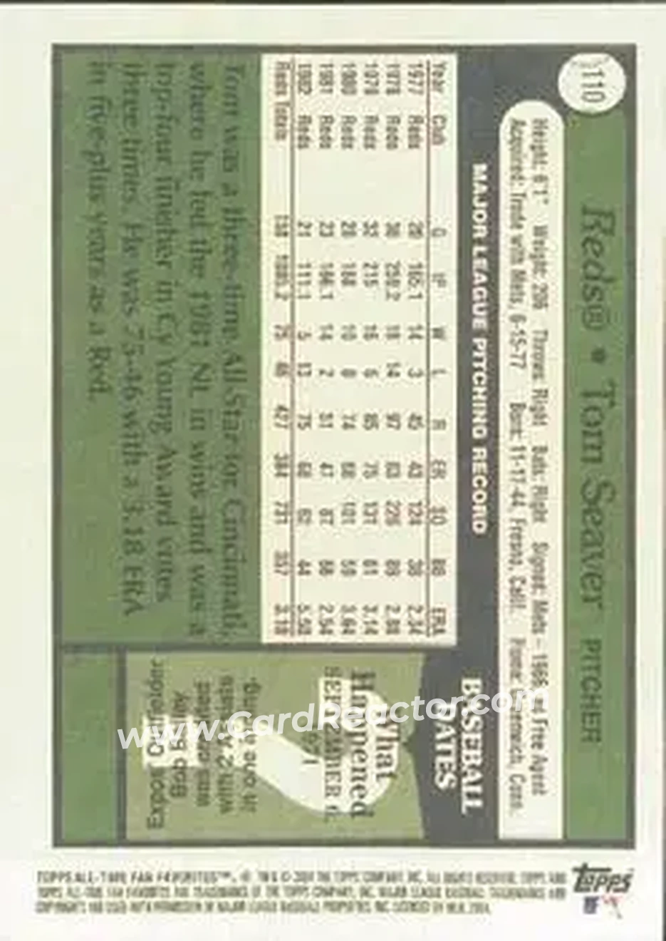 2004 Topps All-Time Fan Favorites #110 - Tom Seaver - Cincinnati Reds - Back 2004 Topps All-Time Fan Favorites #110 - Tom Seaver - Cincinnati Reds - Back