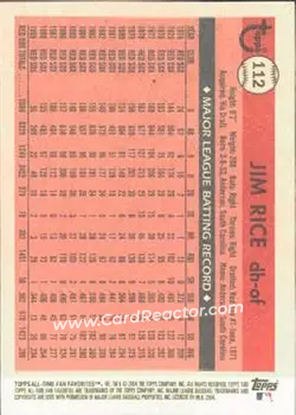 2004 Topps All-Time Fan Favorites #112 - Jim Rice - Boston Red Sox - Back