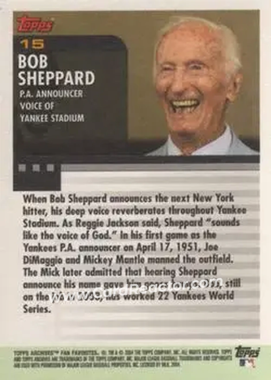 2004 Topps All-Time Fan Favorites #15 - Bob Sheppard - New York Yankees - Back