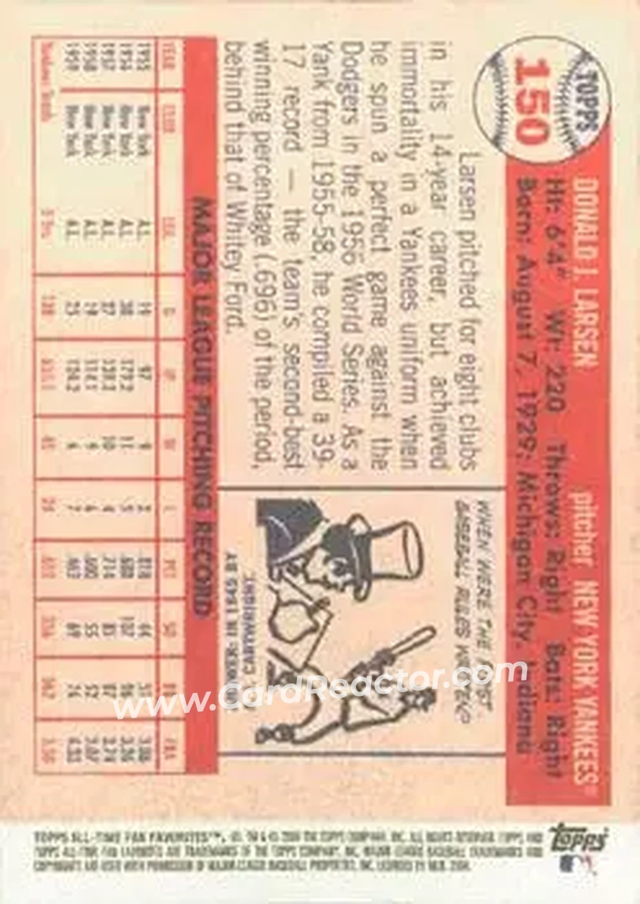 2004 Topps All-Time Fan Favorites #150 - Don Larsen - New York Yankees - Back