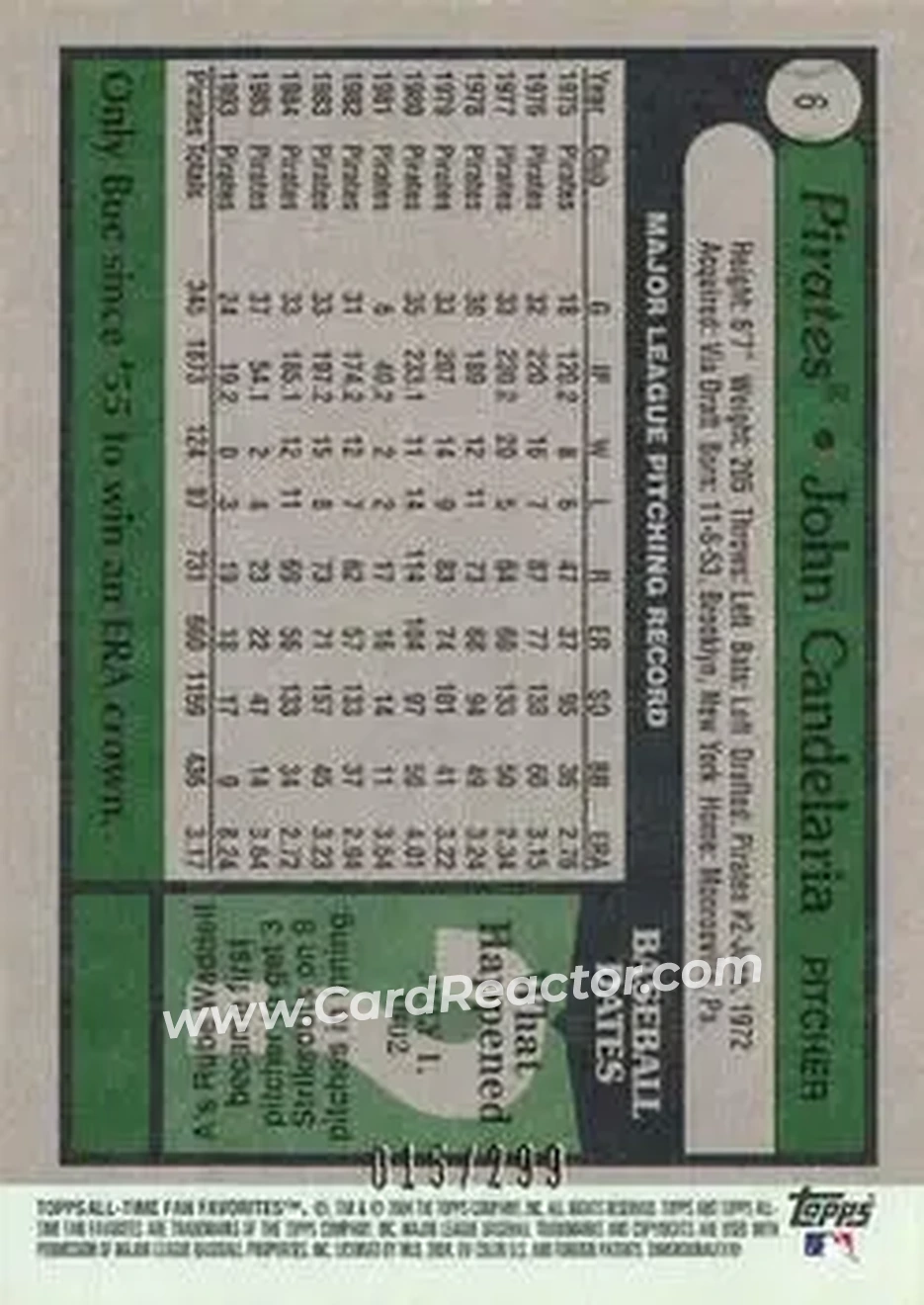 2004 Topps All-Time Fan Favorites - Refractors #6 - John Candelaria - Pittsburgh Pirates - Back