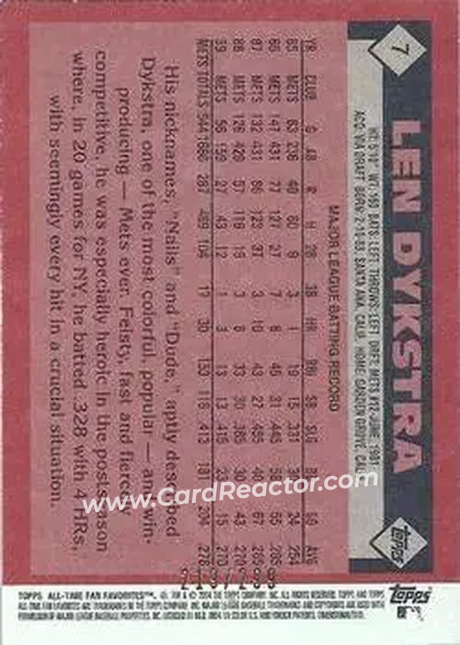 2004 Topps All-Time Fan Favorites - Refractors #7 - Len Dykstra - New York Mets - Back