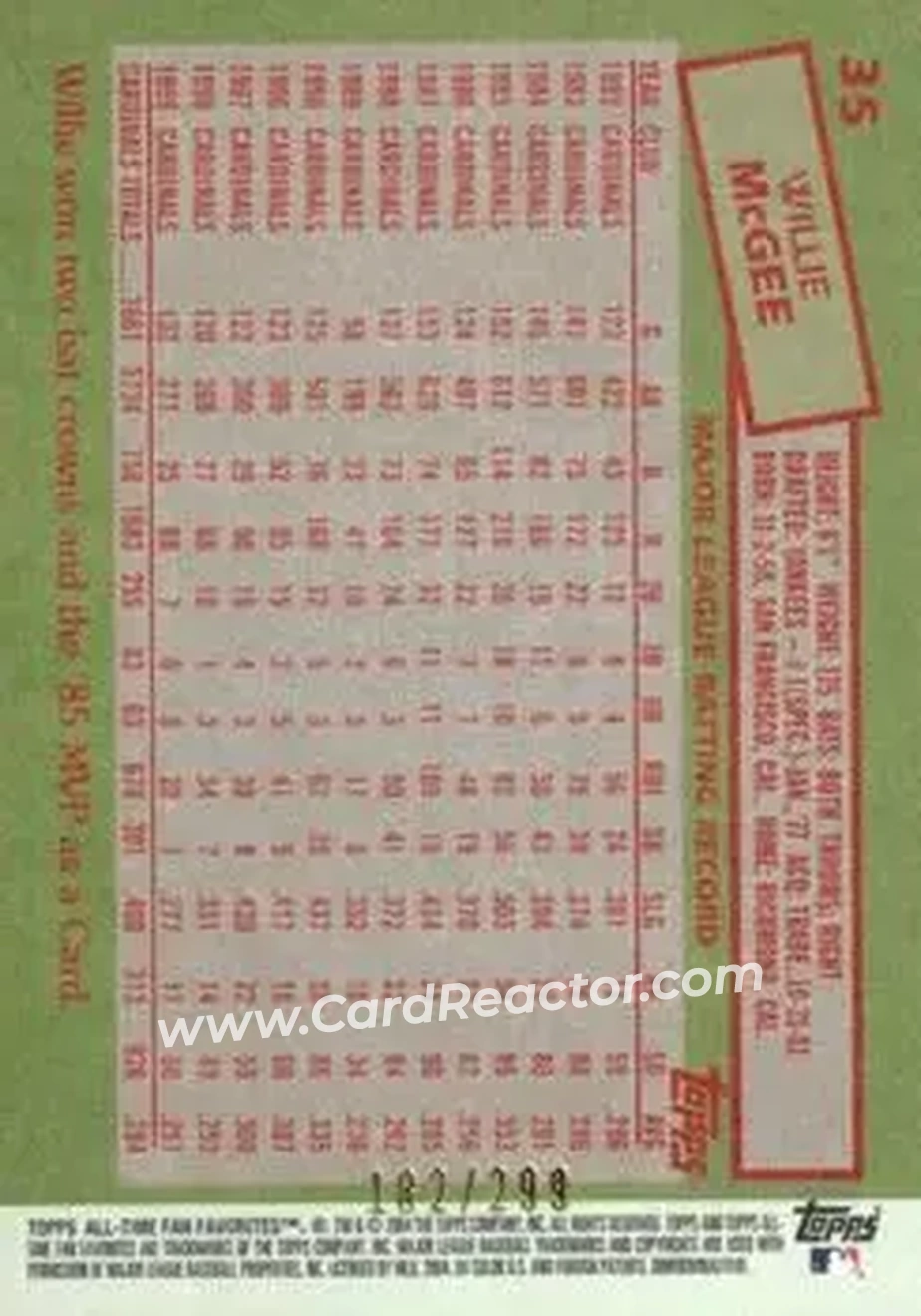 2004 Topps All-Time Fan Favorites - Refractors #35 - Willie McGee - St. Louis Cardinals - Back