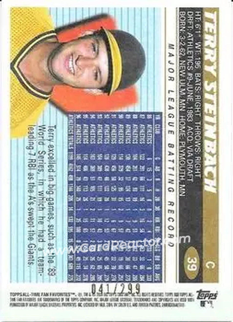 2004 Topps All-Time Fan Favorites - Refractors #39 - Terry Steinbach - Oakland Athletics - Back