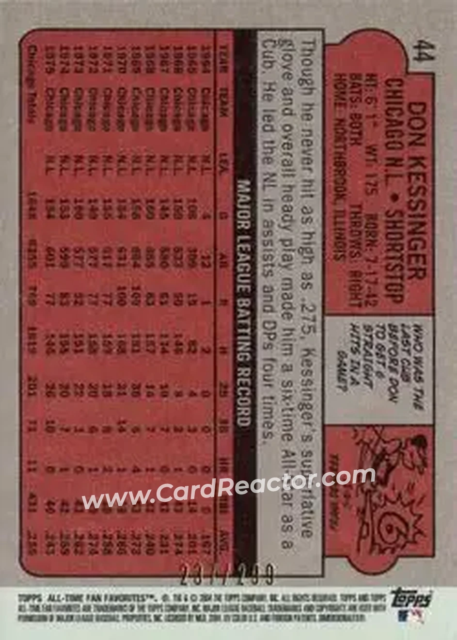 2004 Topps All-Time Fan Favorites - Refractors #44 - Don Kessinger - Chicago Cubs - Back