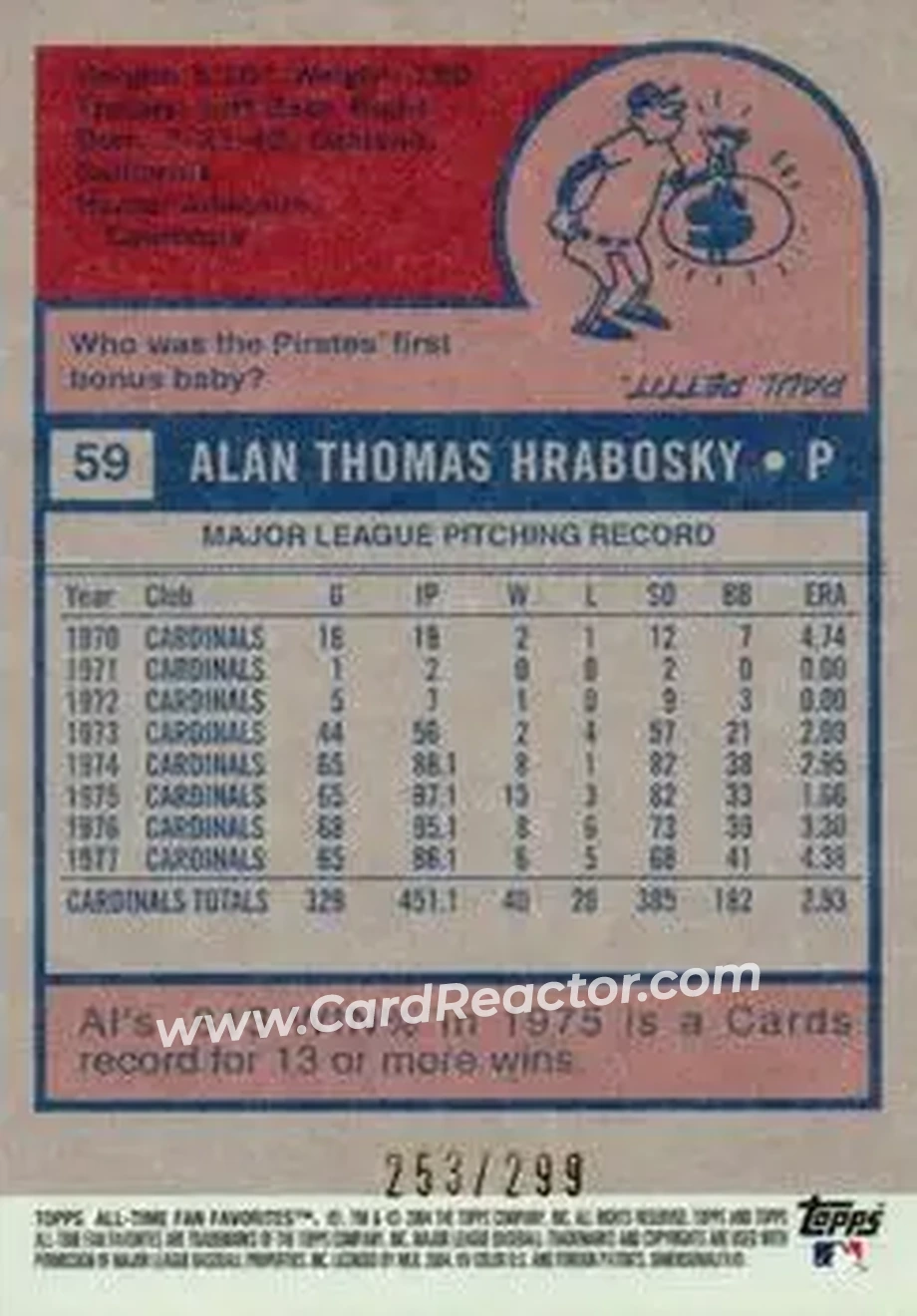 2004 Topps All-Time Fan Favorites - Refractors #59 - Al Hrabosky - St. Louis Cardinals - Back