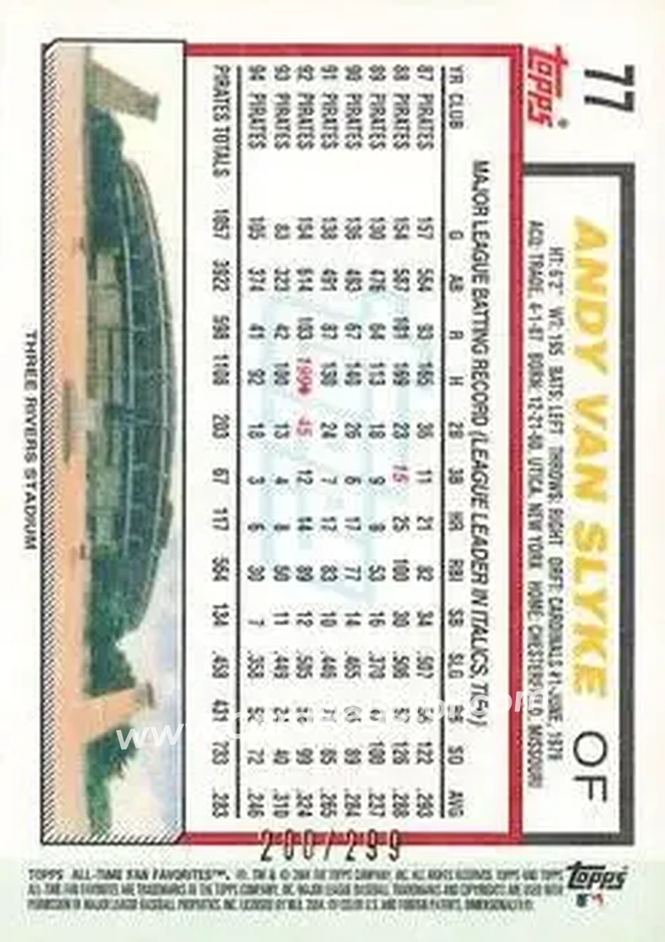 2004 Topps All-Time Fan Favorites - Refractors #77 - Andy Van Slyke - Pittsburgh Pirates - Back