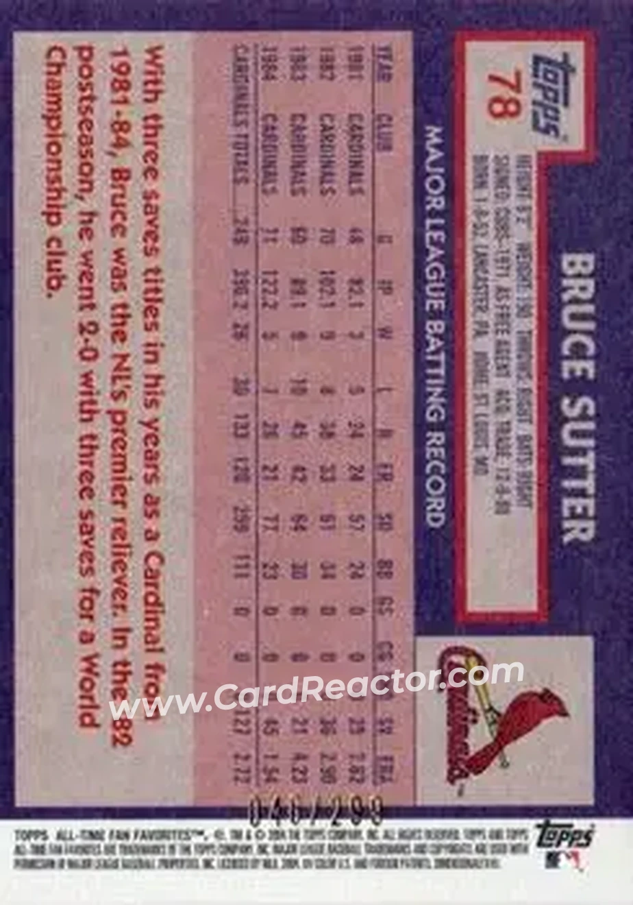 2004 Topps All-Time Fan Favorites - Refractors #78 - Bruce Sutter - St. Louis Cardinals - Back