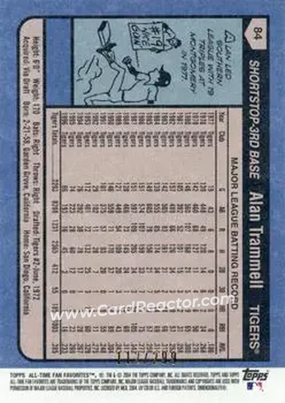 2004 Topps All-Time Fan Favorites - Refractors #84 - Alan Trammell - Detroit Tigers - Back