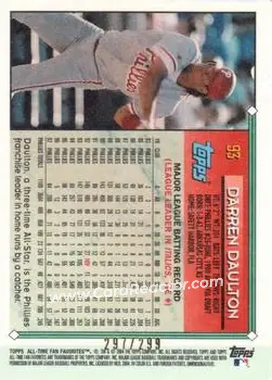 2004 Topps All-Time Fan Favorites - Refractors #93 - Darren Daulton - Philadelphia Phillies - Back