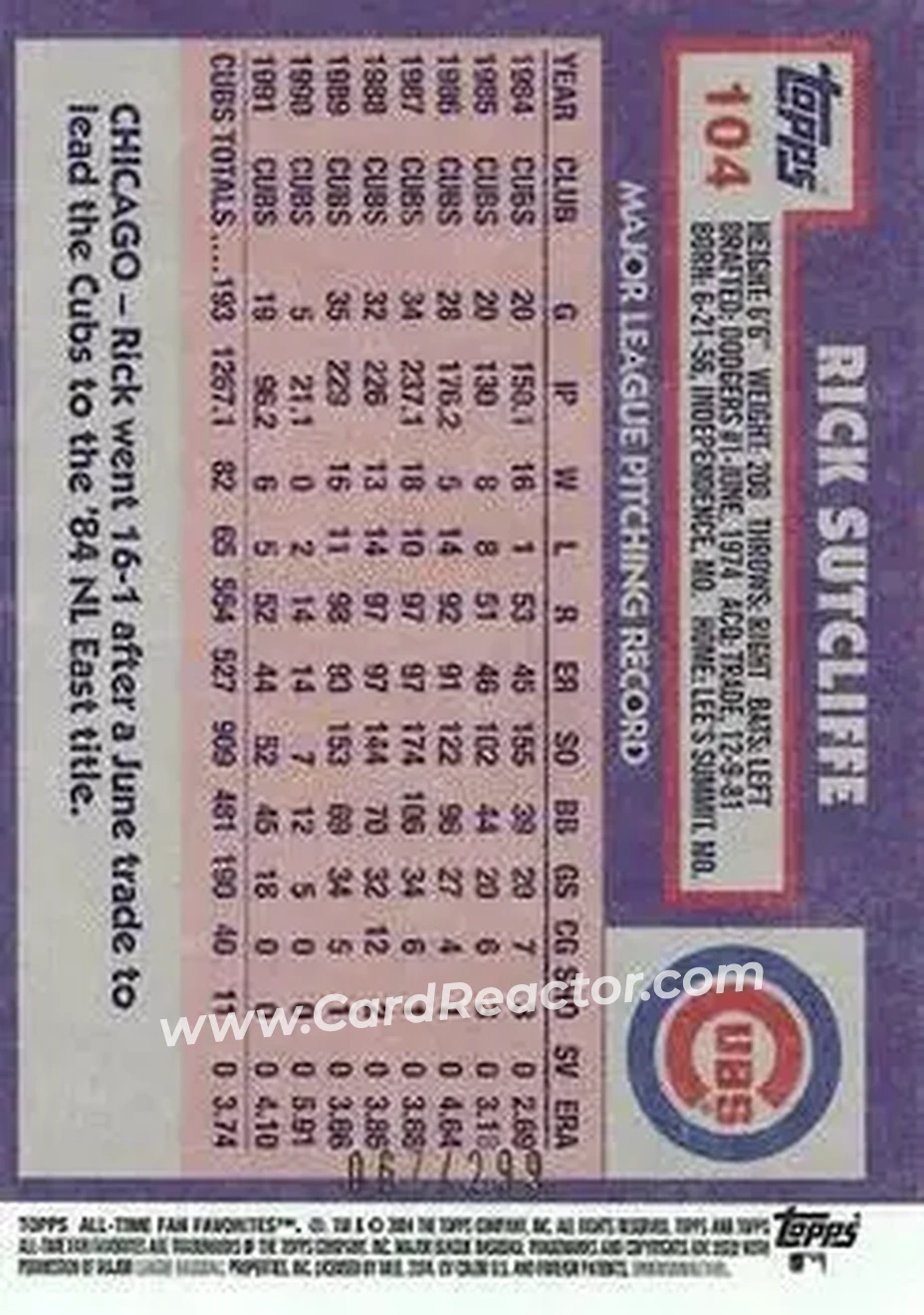 2004 Topps All-Time Fan Favorites - Refractors #104 - Rick Sutcliffe - Chicago Cubs - Back