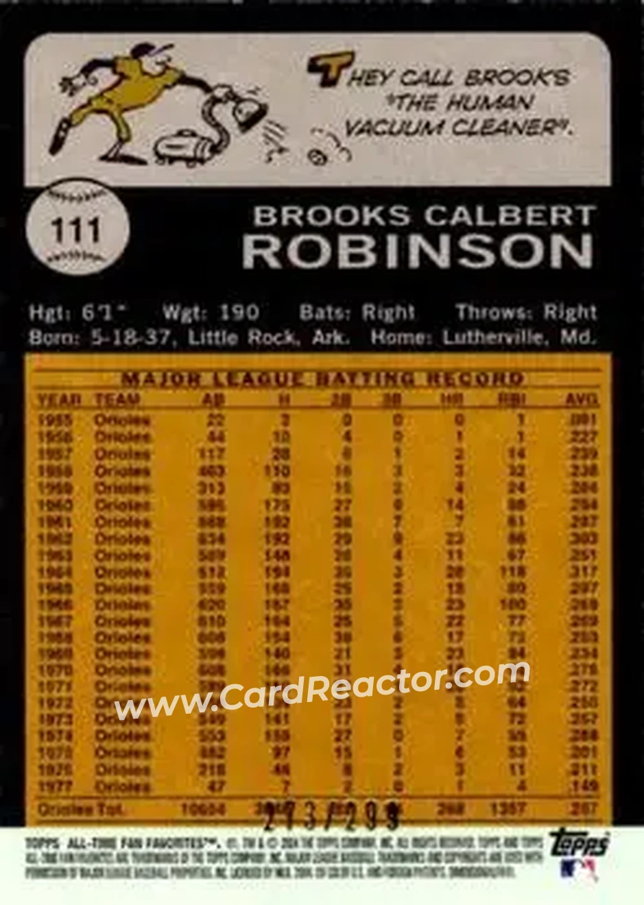 2004 Topps All-Time Fan Favorites - Refractors #111 - Brooks Robinson - Baltimore Orioles - Back