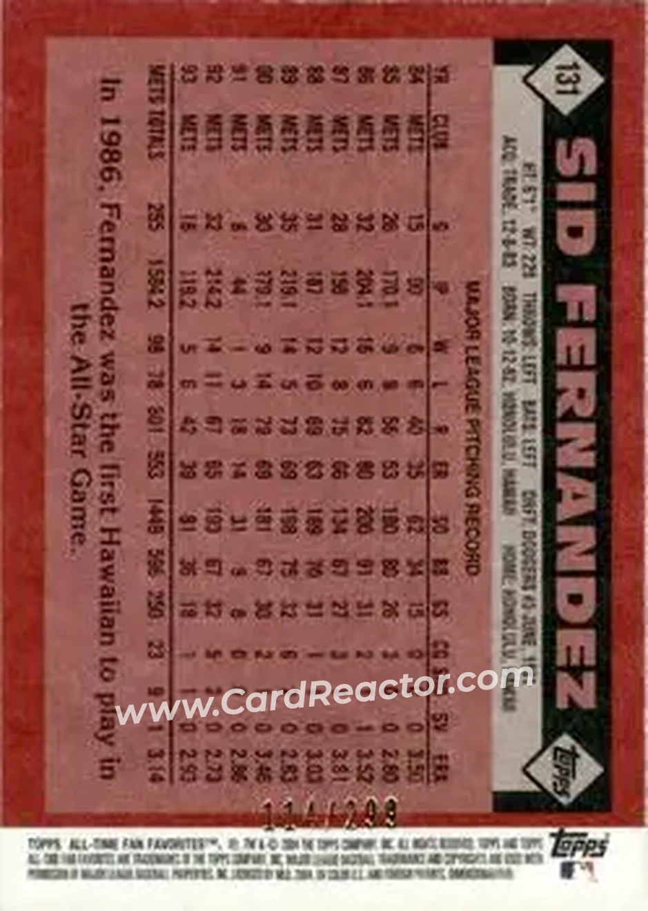 2004 Topps All-Time Fan Favorites - Refractors #131 - Sid Fernandez - New York Mets - Back