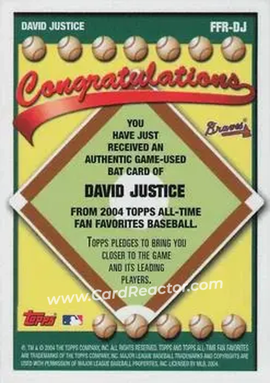2004 Topps All-Time Fan Favorites - Relics #FFR-DJ - David Justice - Atlanta Braves - Back
