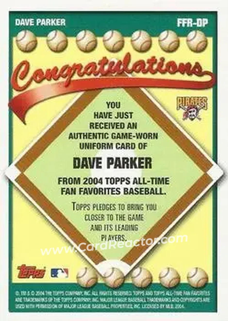 2004 Topps All-Time Fan Favorites - Relics #FFR-DP - Dave Parker - Pittsburgh Pirates - Back