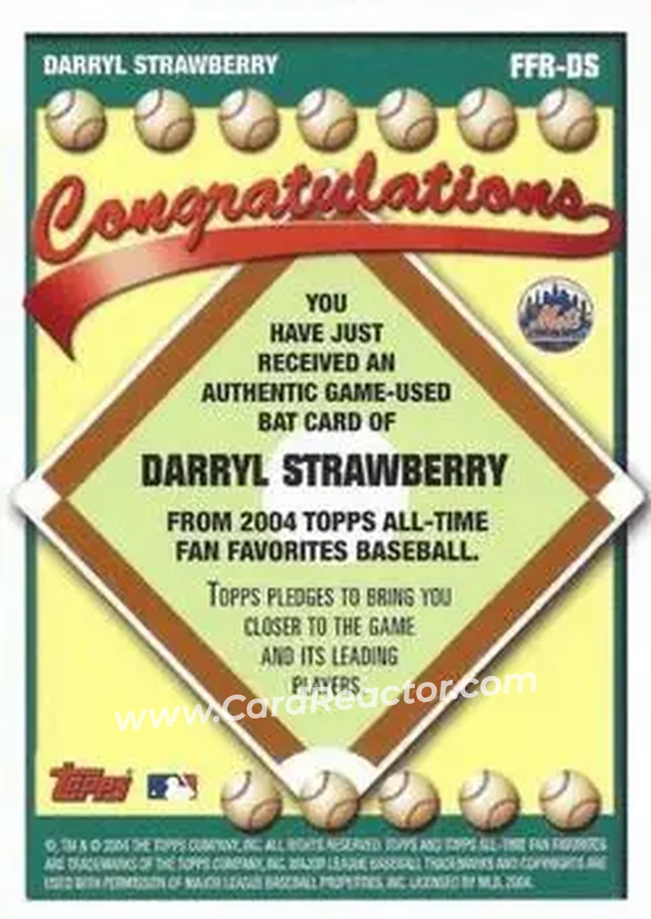 2004 Topps All-Time Fan Favorites - Relics #FFR-DS - Darryl Strawberry - New York Mets - Back