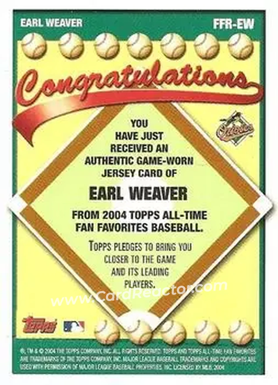 2004 Topps All-Time Fan Favorites - Relics #FFR-EW - Earl Weaver - Baltimore Orioles - Back