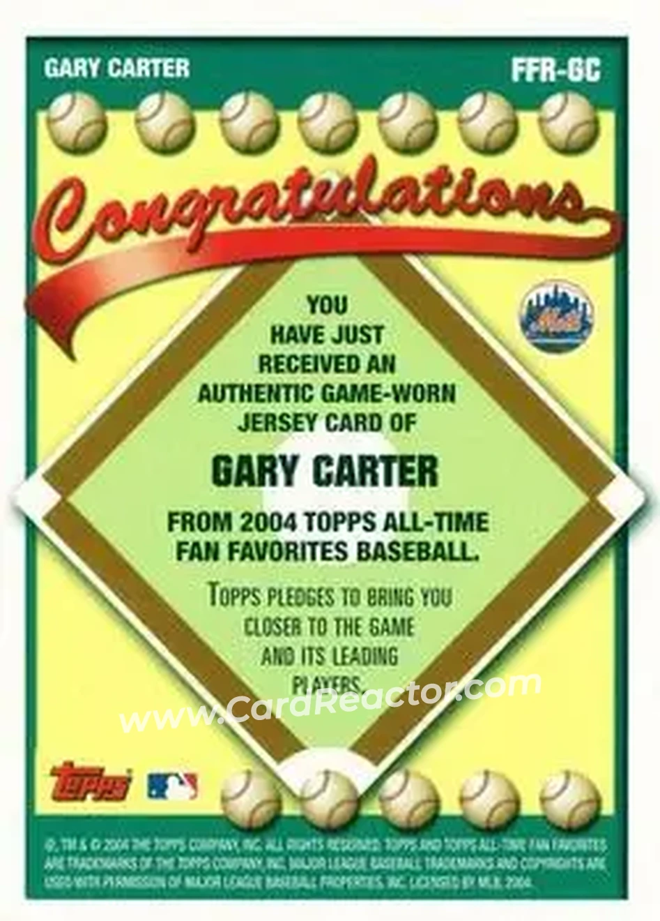 2004 Topps All-Time Fan Favorites - Relics #FFR-GC - Gary Carter - New York Mets - Back