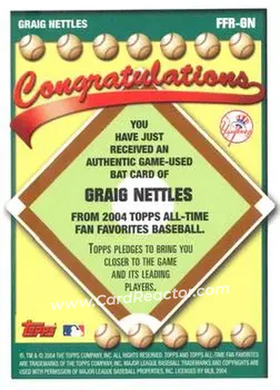 2004 Topps All-Time Fan Favorites - Relics #FFR-GN - Graig Nettles - New York Yankees - Back