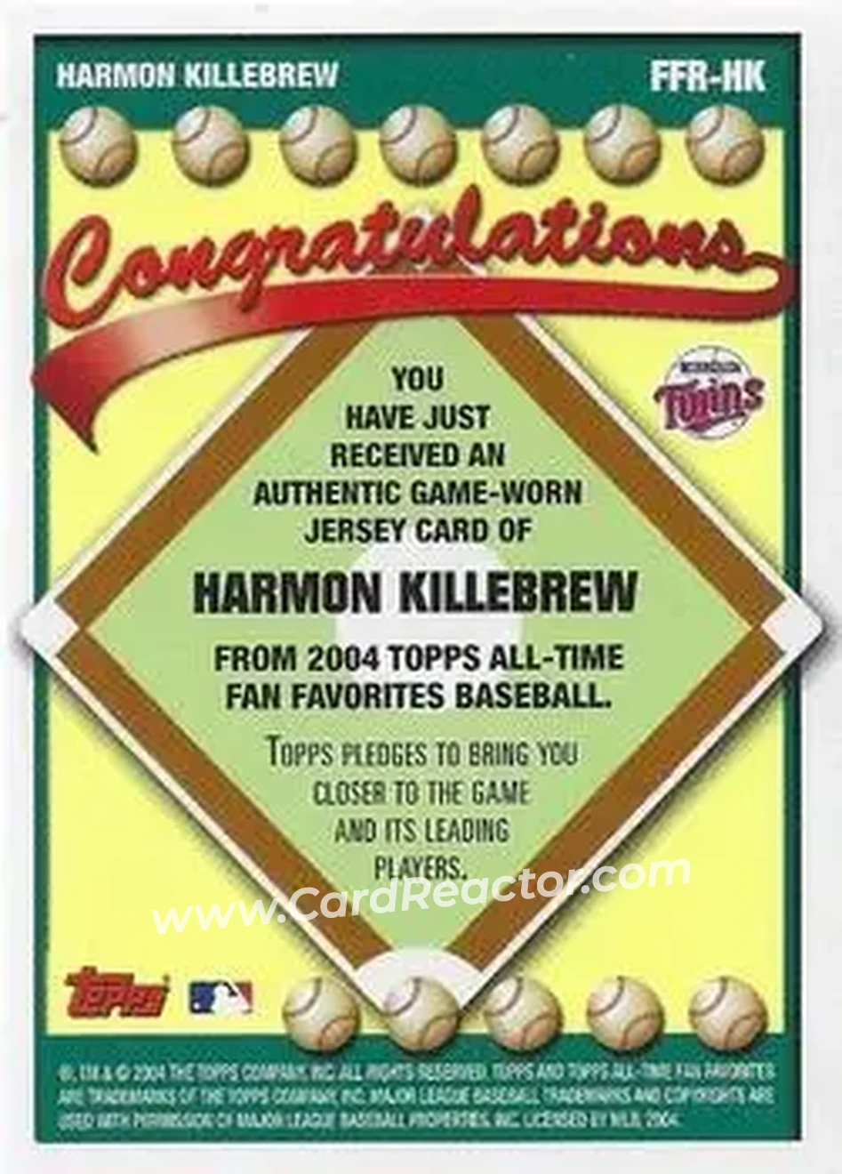 2004 Topps All-Time Fan Favorites - Relics #FFR-HK - Harmon Killebrew - Minnesota Twins - Back
