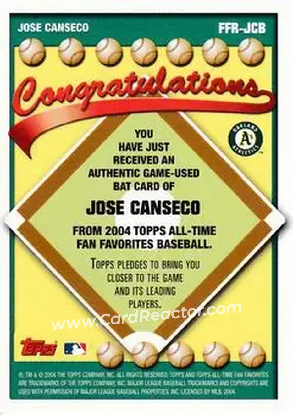2004 Topps All-Time Fan Favorites - Relics #FFR-JCB - Jose Canseco - Oakland Athletics - Back