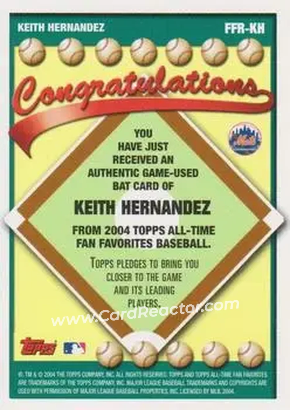 2004 Topps All-Time Fan Favorites - Relics #FFR-KH - Keith Hernandez - New York Mets - Back 2004 Topps All-Time Fan Favorites - Relics #FFR-KH - Keith Hernandez - New York Mets - Back