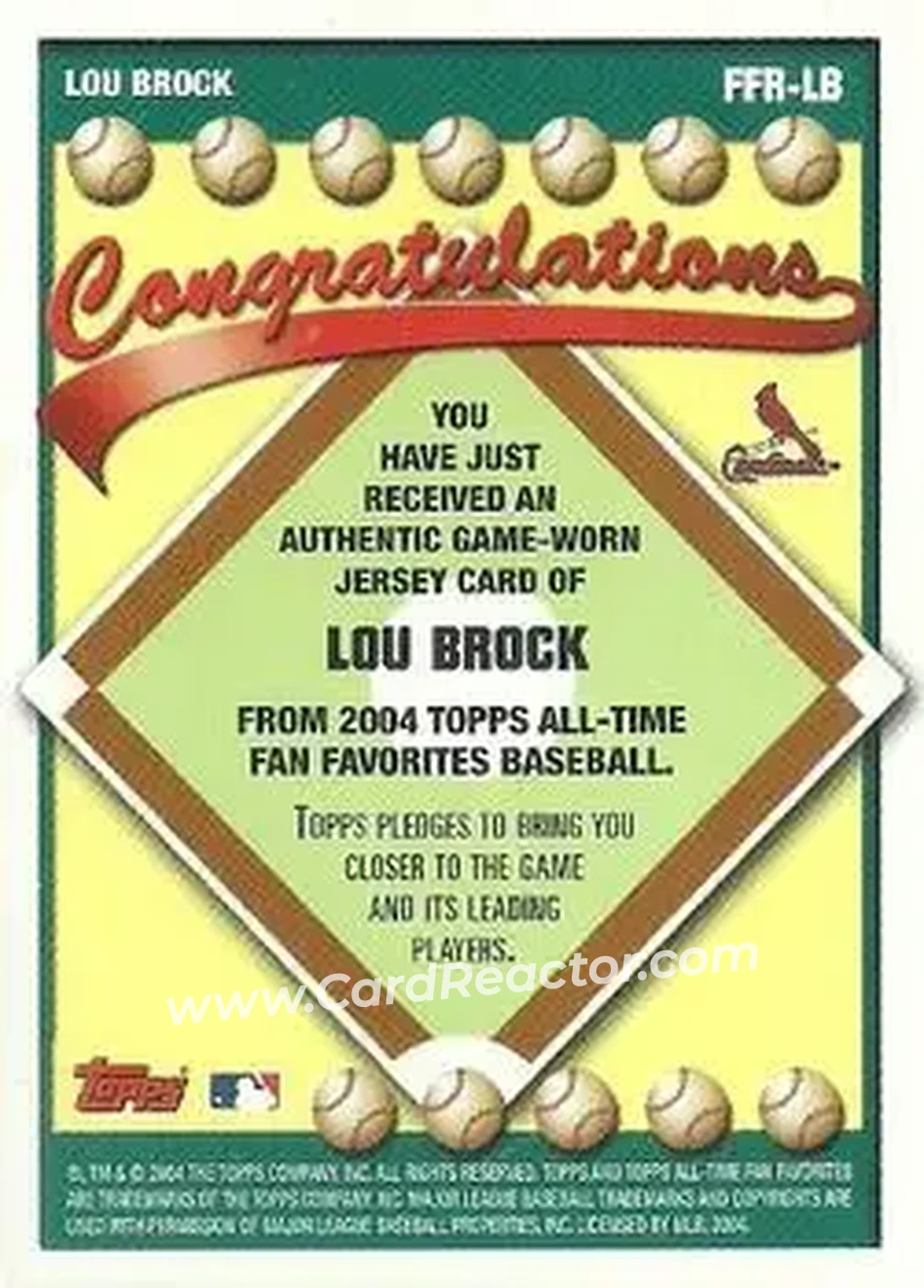 2004 Topps All-Time Fan Favorites - Relics #FFR-LB - Lou Brock - St. Louis Cardinals - Back