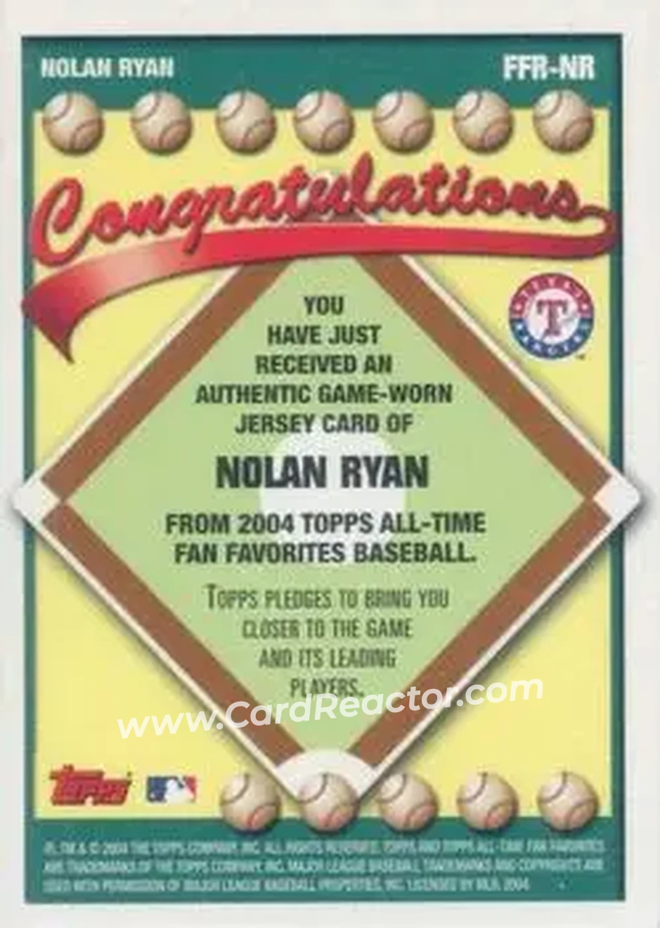 2004 Topps All-Time Fan Favorites - Relics #FFR-NR - Nolan Ryan - Texas Rangers - Back 2004 Topps All-Time Fan Favorites - Relics #FFR-NR - Nolan Ryan - Texas Rangers - Back