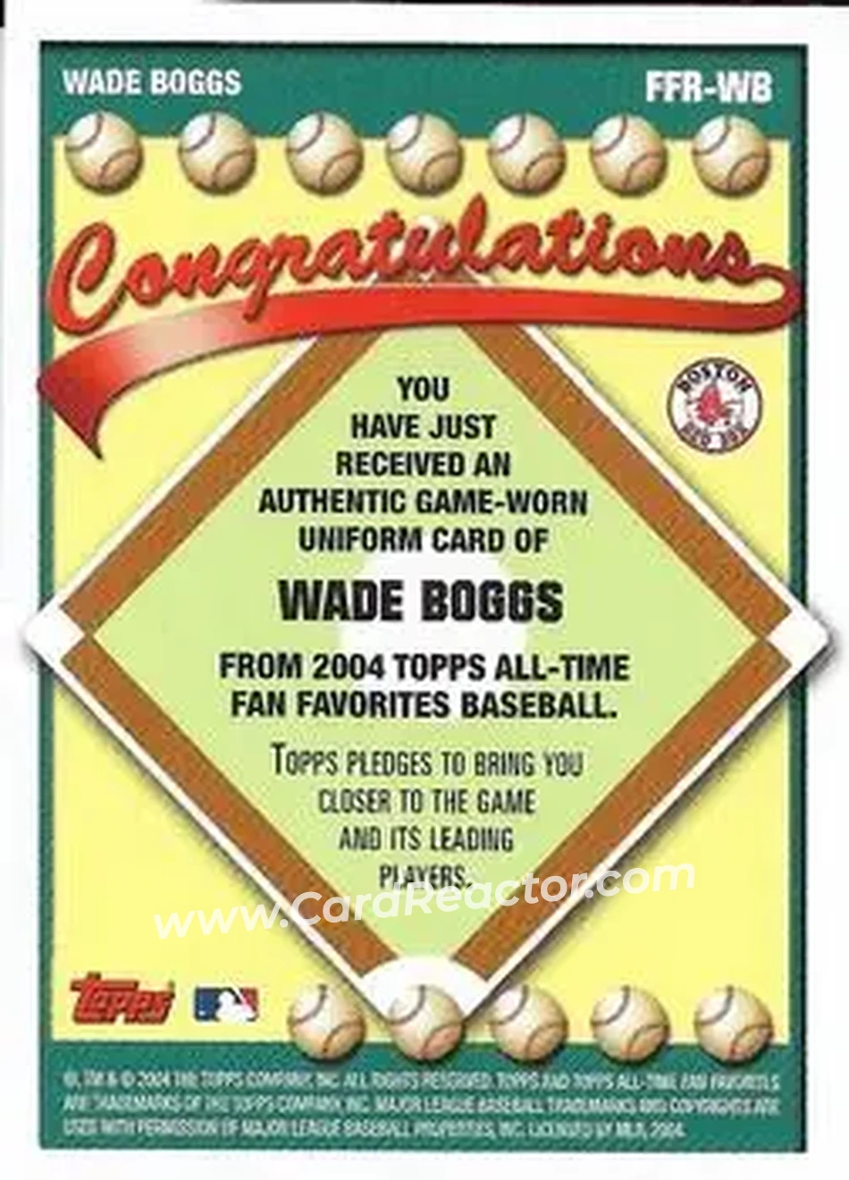 2004 Topps All-Time Fan Favorites - Relics #FFR-WB - Wade Boggs - Boston Red Sox - Back