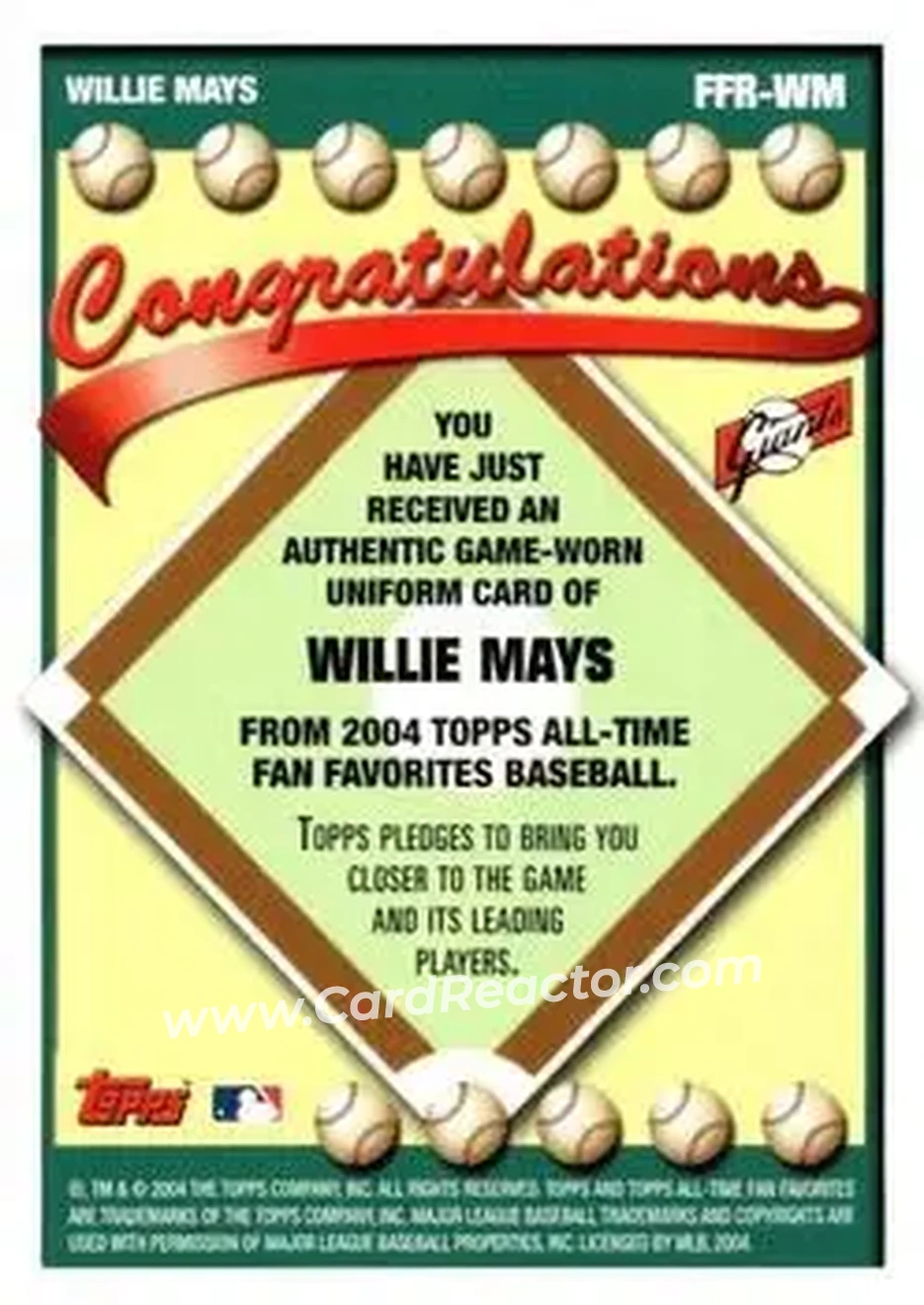 2004 Topps All-Time Fan Favorites - Relics #FFR-WM - Willie Mays - New York Giants - Back