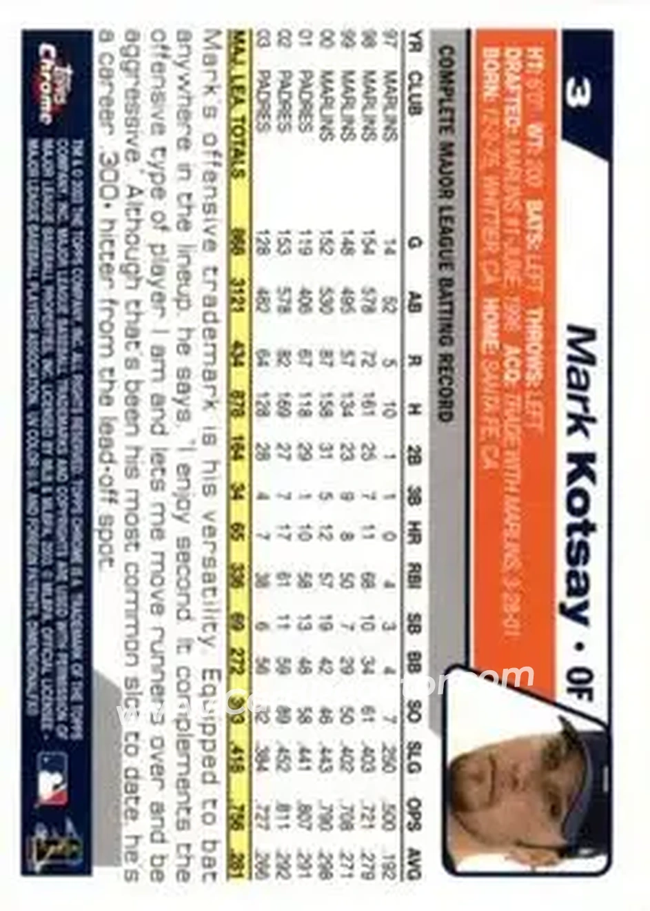 2004 Topps Chrome #3 - Mark Kotsay - San Diego Padres - Back