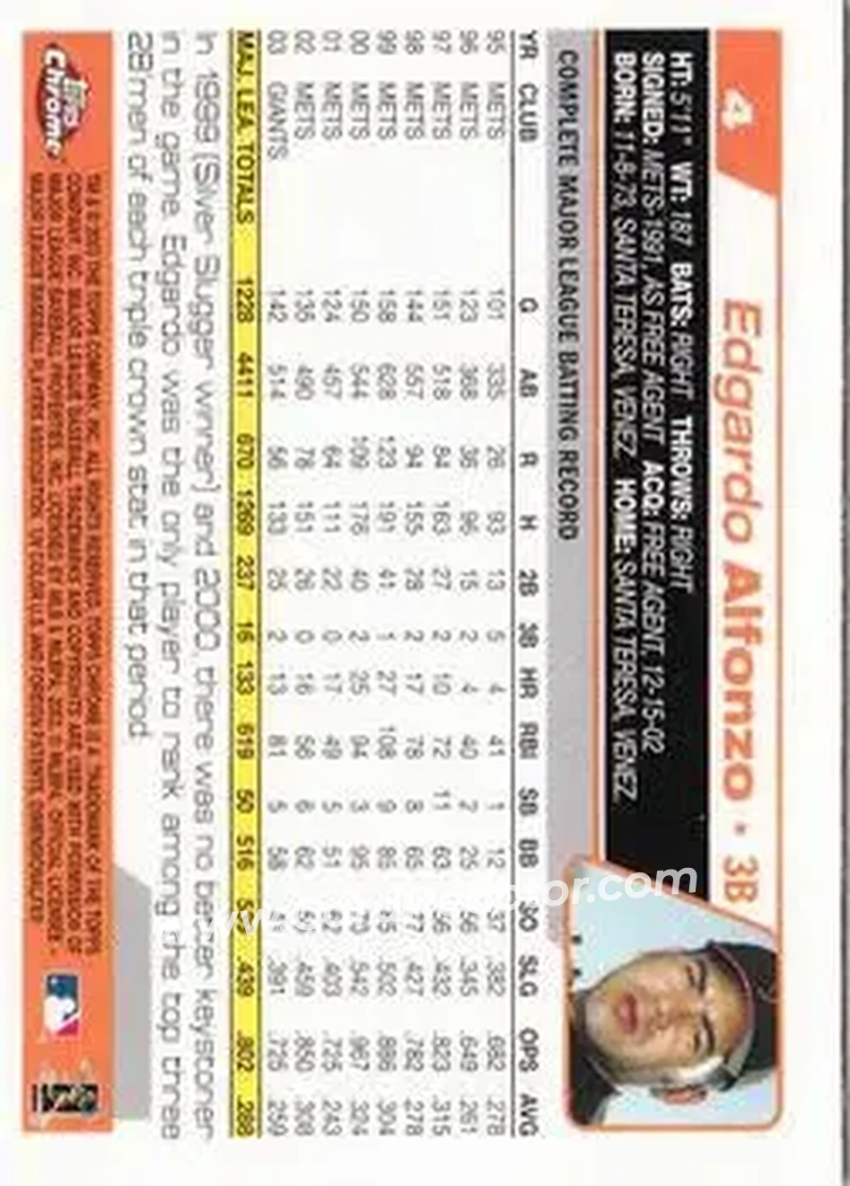 2004 Topps Chrome #4 - Edgardo Alfonzo - San Francisco Giants - Back