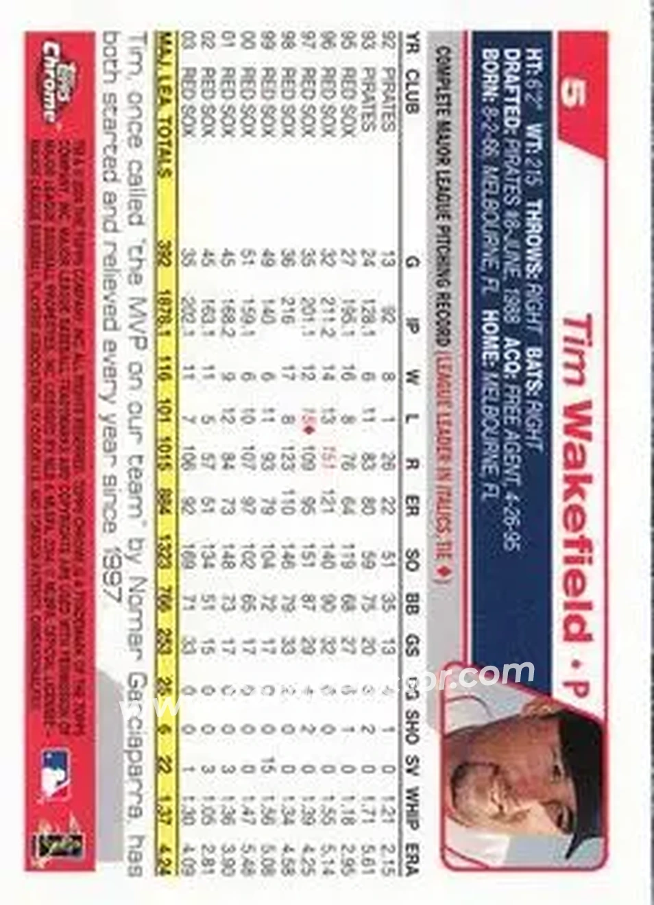 2004 Topps Chrome #5 - Tim Wakefield - Boston Red Sox - Back