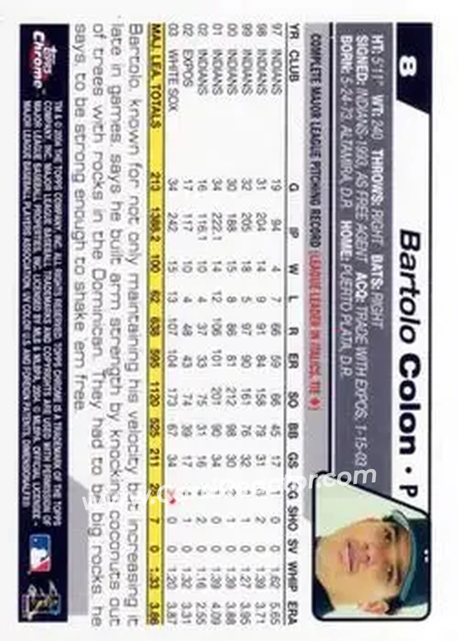 2004 Topps Chrome #8 - Bartolo Colon - Chicago White Sox - Back
