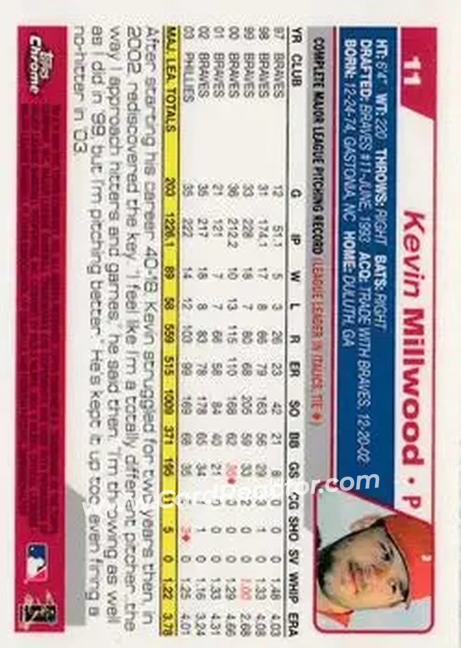 2004 Topps Chrome #11 - Kevin Millwood - Philadelphia Phillies - Back 2004 Topps Chrome #11 - Kevin Millwood - Philadelphia Phillies - Back