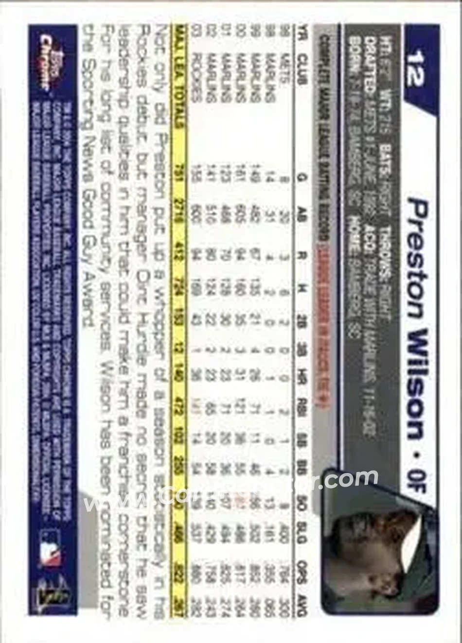 2004 Topps Chrome #12 - Preston Wilson - Colorado Rockies - Back 2004 Topps Chrome #12 - Preston Wilson - Colorado Rockies - Back