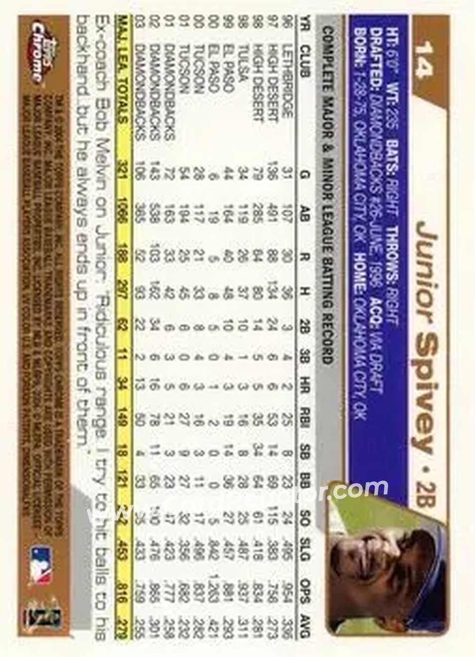 2004 Topps Chrome #14 - Junior Spivey - Arizona Diamondbacks - Back
