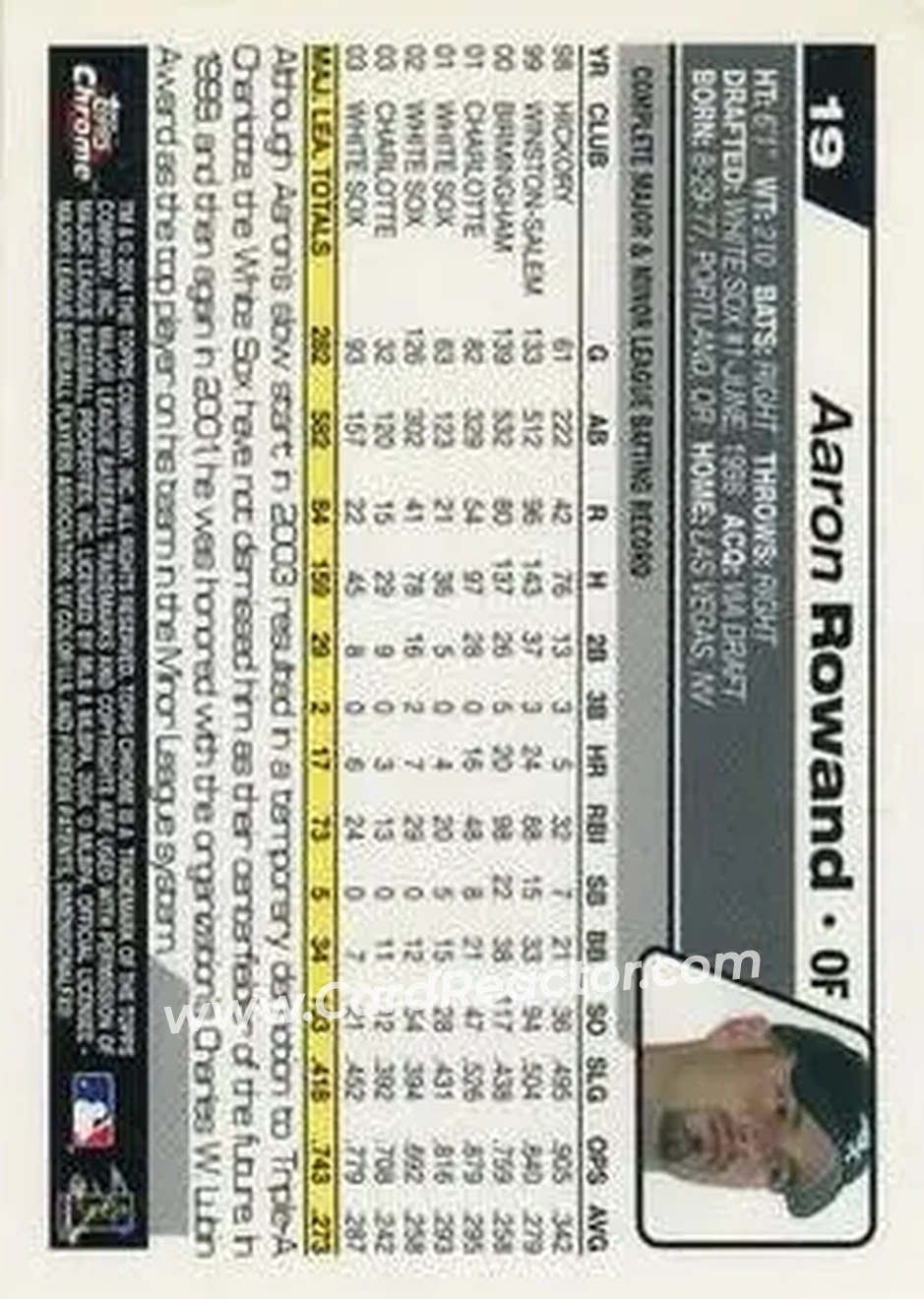 2004 Topps Chrome #19 - Aaron Rowand - Chicago White Sox - Back