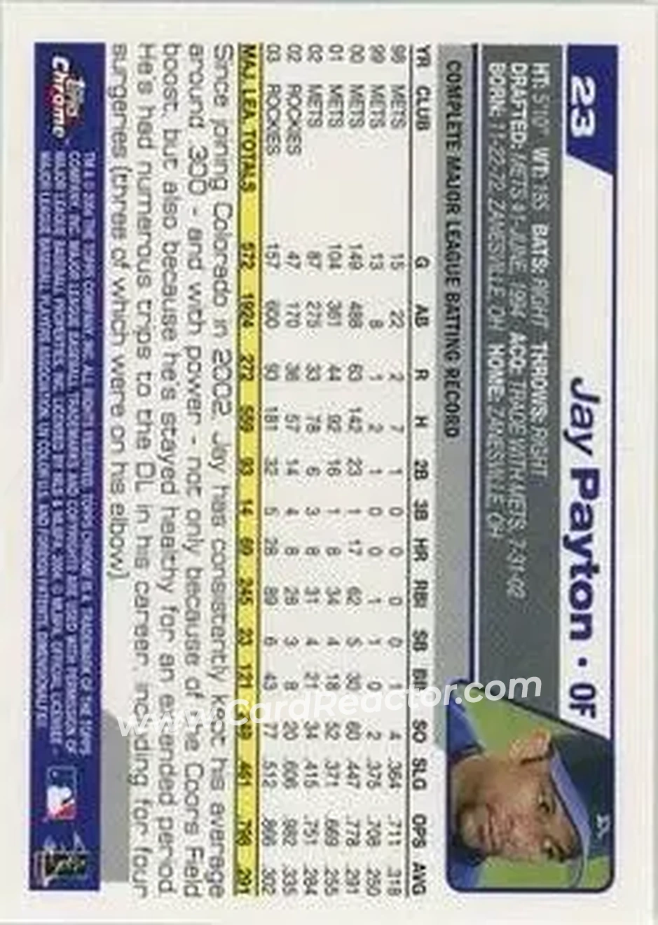 2004 Topps Chrome #23 - Jay Payton - Colorado Rockies - Back