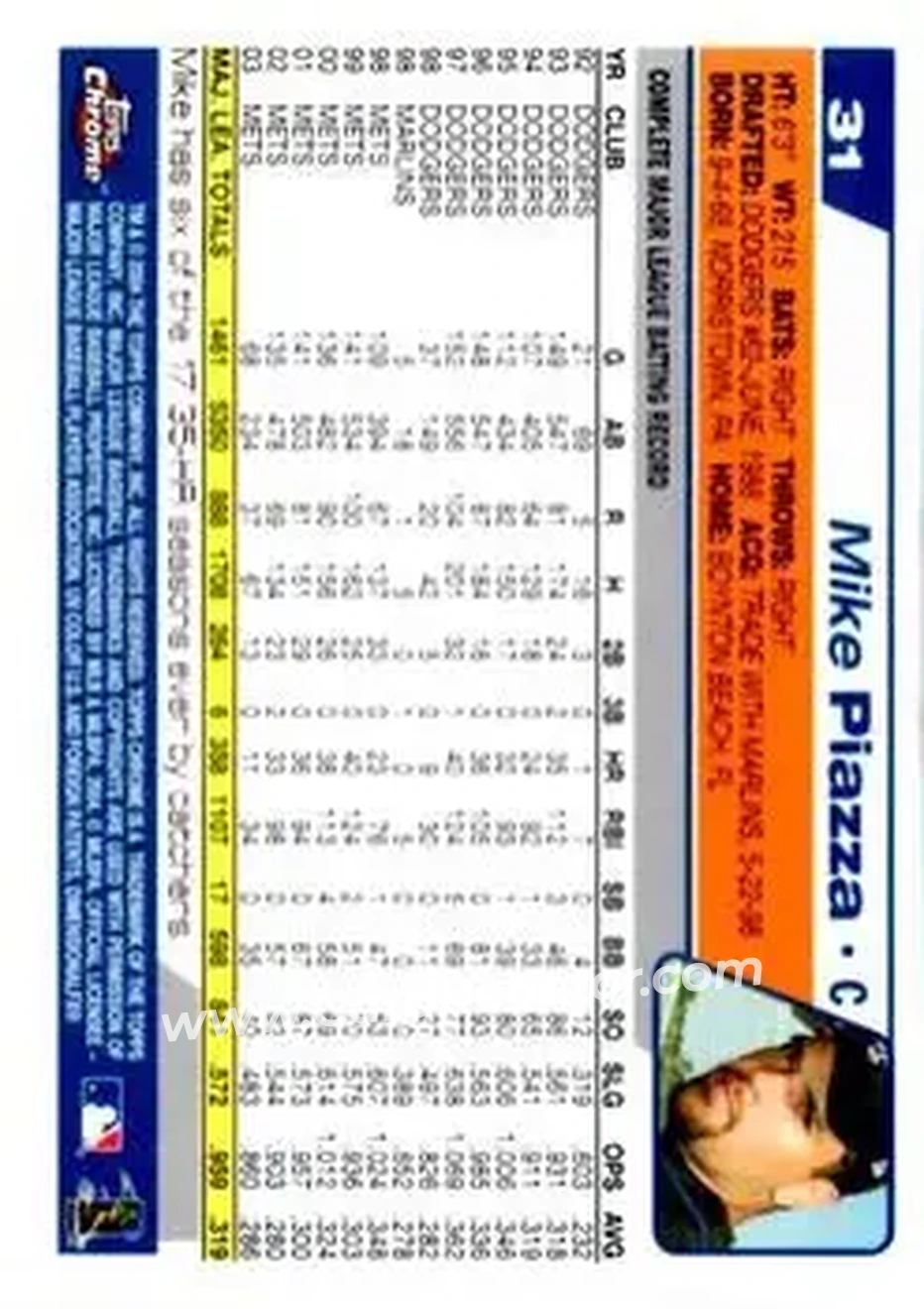 2004 Topps Chrome #31 - Mike Piazza - New York Mets - Back