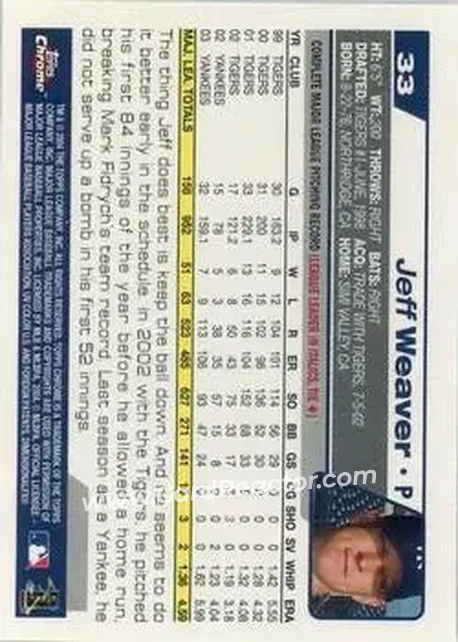 2004 Topps Chrome #33 - Jeff Weaver - New York Yankees - Back