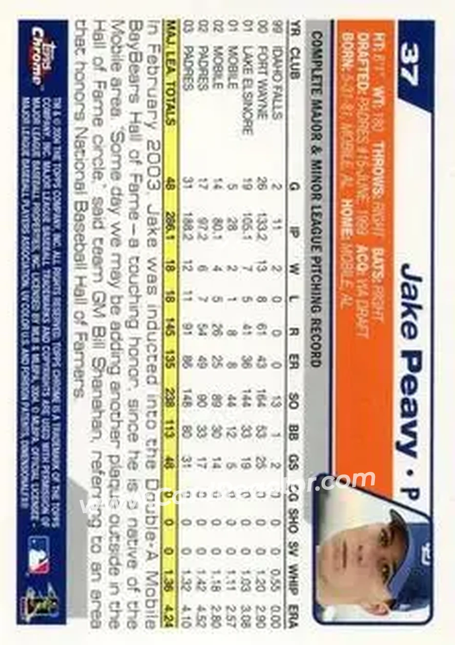 2004 Topps Chrome #37 - Jake Peavy - San Diego Padres - Back