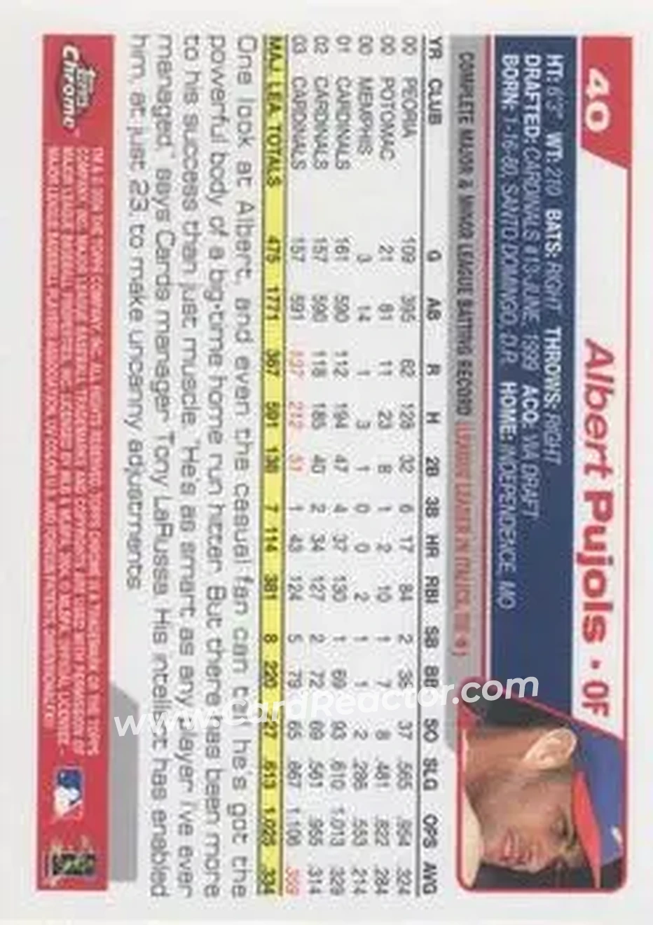2004 Topps Chrome #40 - Albert Pujols - St. Louis Cardinals - Back