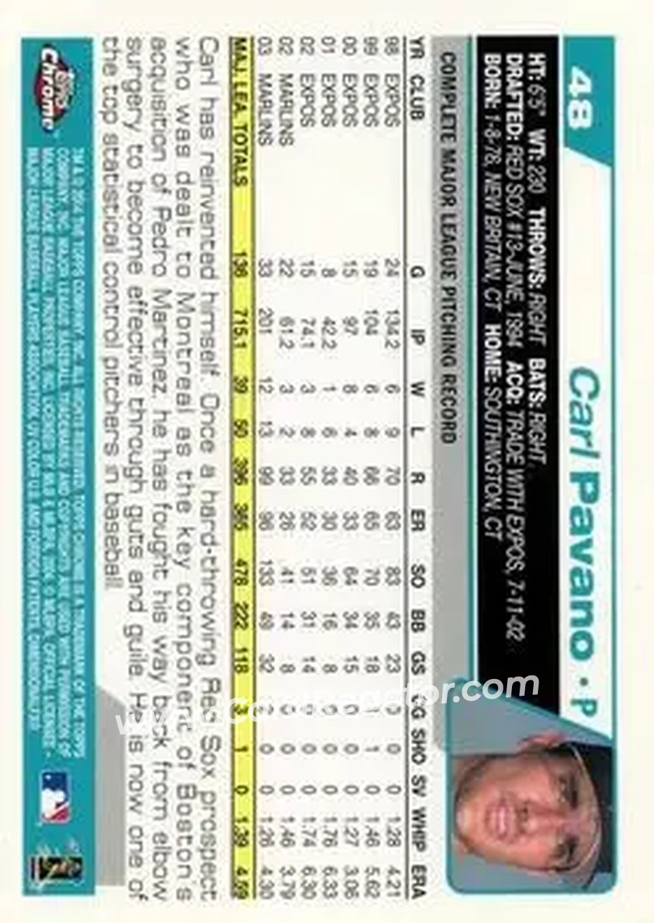 2004 Topps Chrome #48 - Carl Pavano - Florida Marlins - Back